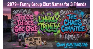 Brick wall with three colorful graffiti tags: "Three Idiots One Chat" in pink, "Unholy Trinity" in neon green, "The Chaos Committee" in electric blue. Spray can with stencil "Your Trio Here →". Urban alley background.