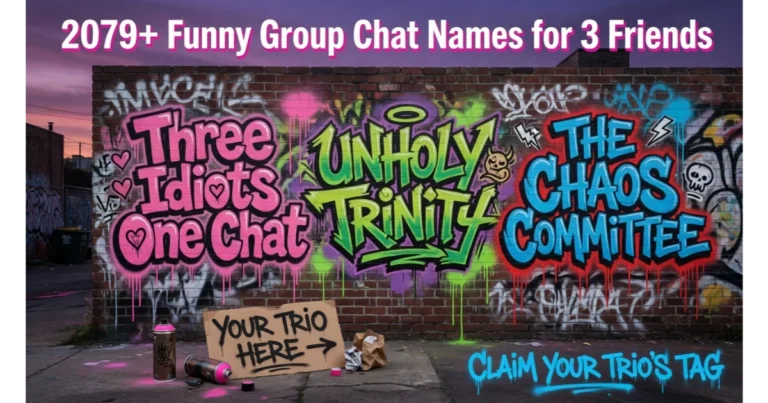 Brick wall with three colorful graffiti tags: "Three Idiots One Chat" in pink, "Unholy Trinity" in neon green, "The Chaos Committee" in electric blue. Spray can with stencil "Your Trio Here →". Urban alley background.