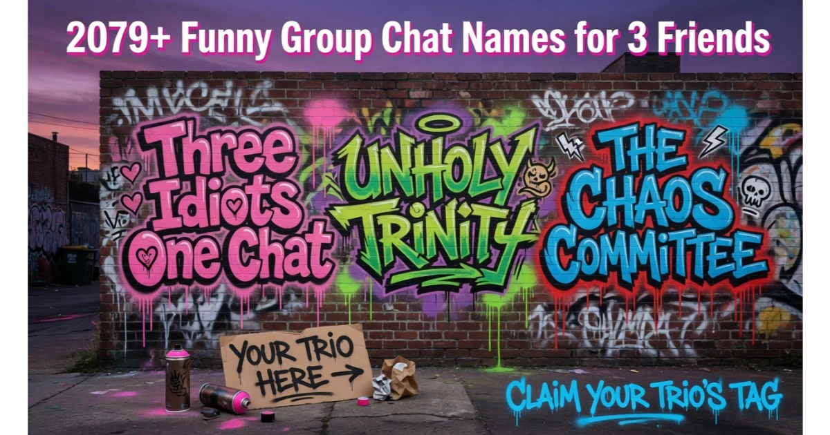 Brick wall with three colorful graffiti tags: "Three Idiots One Chat" in pink, "Unholy Trinity" in neon green, "The Chaos Committee" in electric blue. Spray can with stencil "Your Trio Here →". Urban alley background.