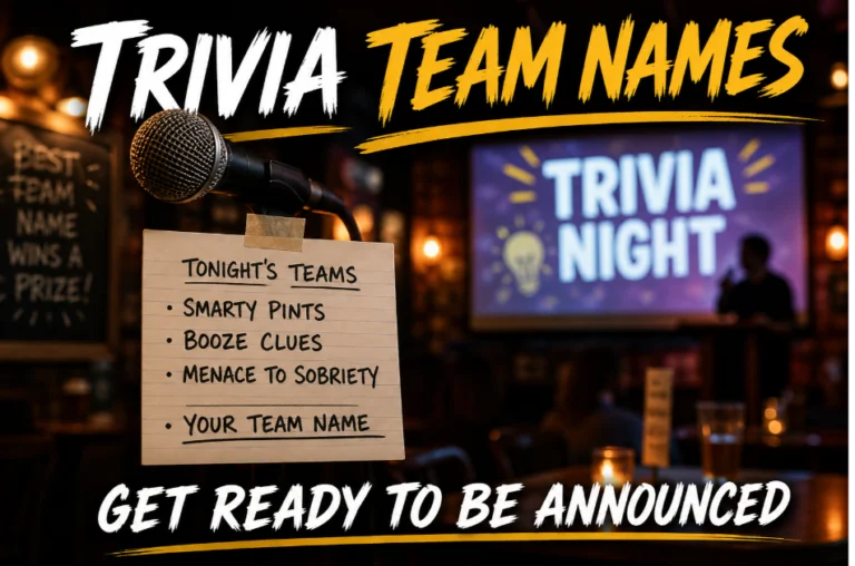 Microphone stand with index card listing trivia team names: Smarty Pints, Booze Clues, Menace to Sobriety. Blank line "Your Team Name". Blurred host silhouette and trivia screen background. Hero image for trivia team names.