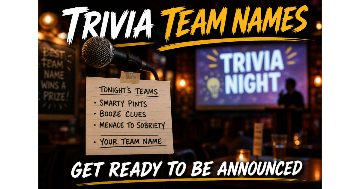 Microphone stand with index card listing trivia team names: Smarty Pints, Booze Clues, Menace to Sobriety. Blank line "Your Team Name". Blurred host silhouette and trivia screen background. Hero image for trivia team names.