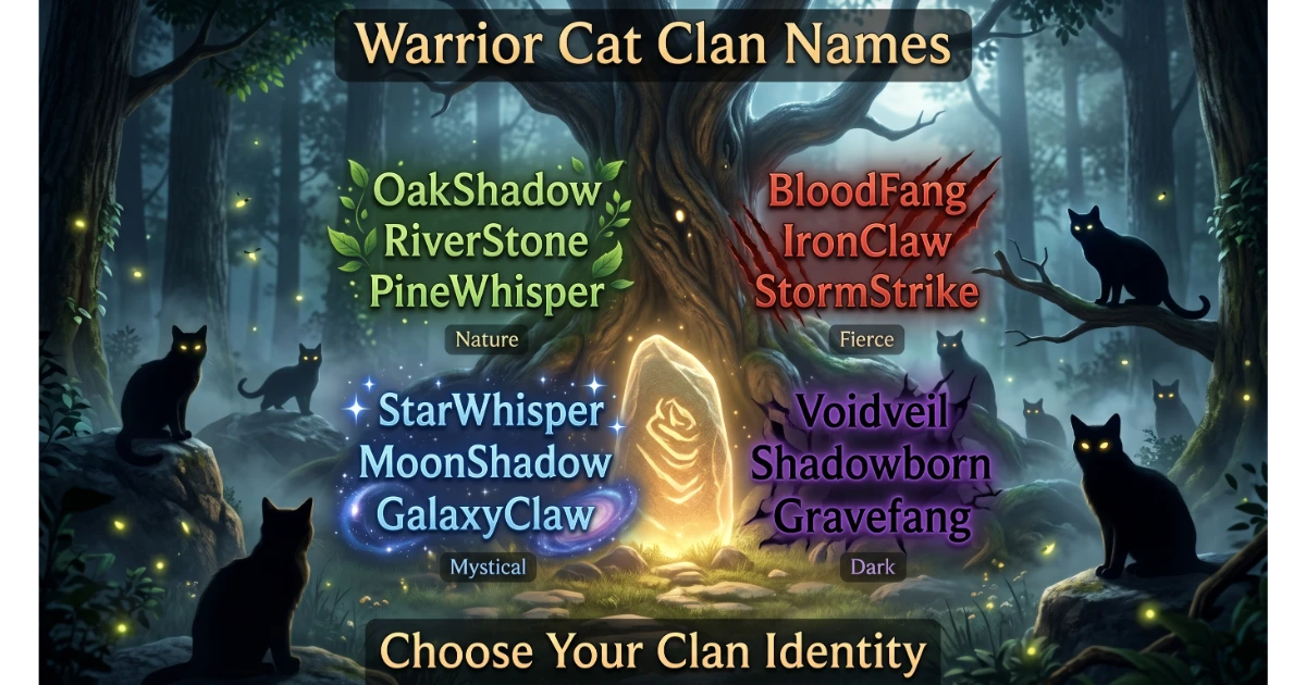 warrior cats clan names displayed in fantasy forest scene showing nature fierce mystical and dark clan name styles