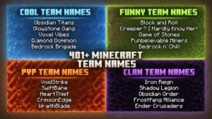 Four-panel guide to cool, funny, PvP, and clan Minecraft team names with examples.