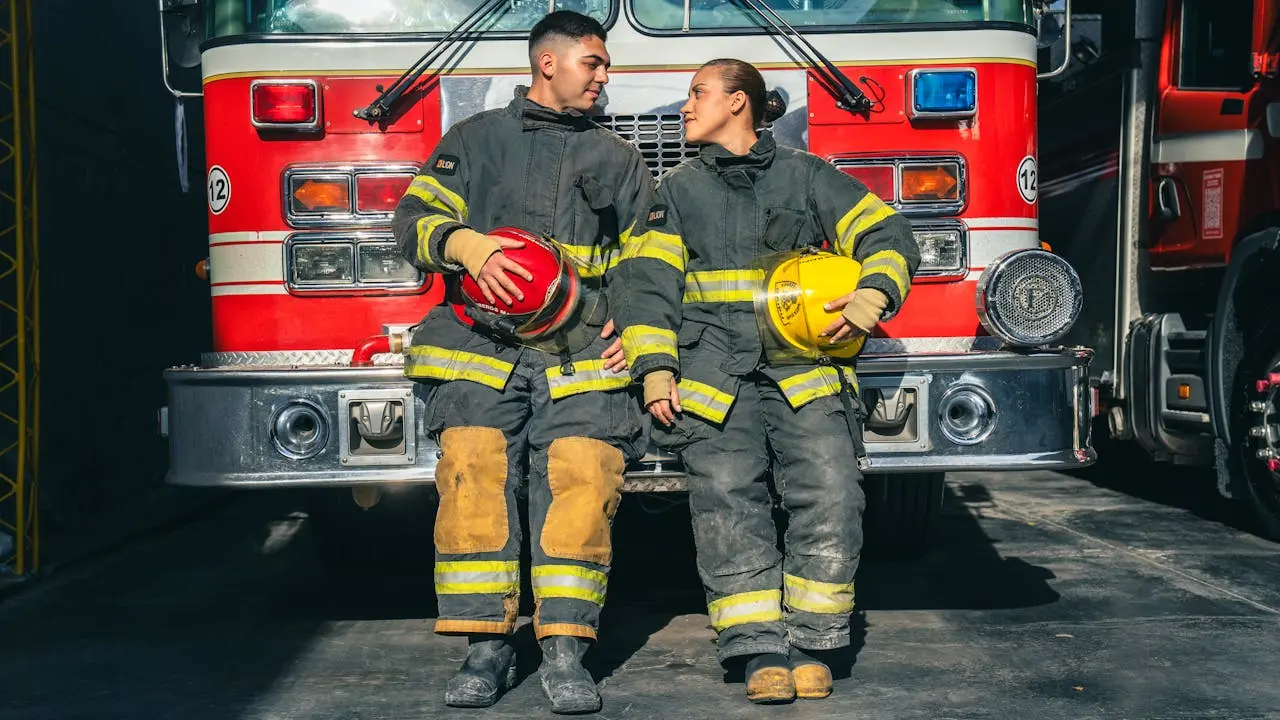 A brave firefighter team standing in front of a fire truck, showcasing unity, strength, and courage perfect inspiration for firefighter team names.