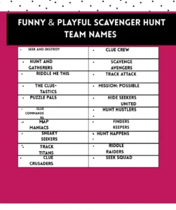 Funny and playful scavenger hunt team names that bring humor, creativity, and fun to any challenge or event.
