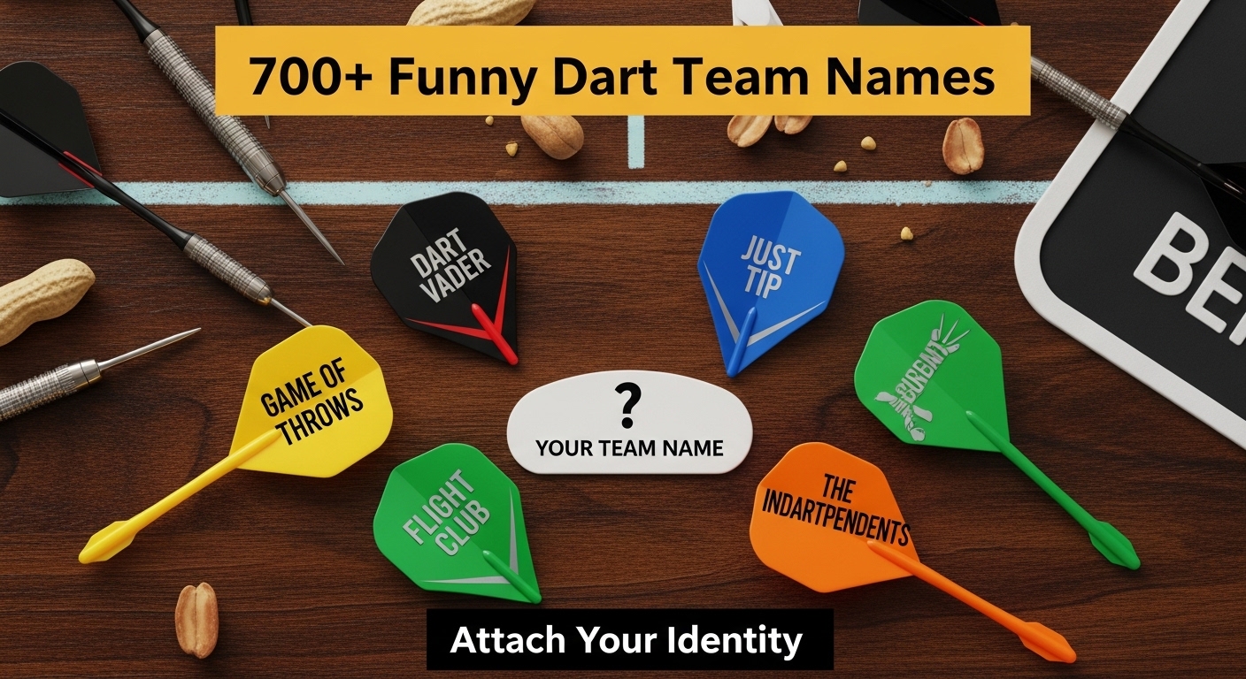 Pub chalkboard leaderboard showing teams: Dart Vader (12 wins), Game of Throws (10 wins), Bullseye Buddies (9 wins), Just the Tip (11 wins). Blank row: "Your Team Name →". Chalk and eraser on ledge. Dartboard, beer taps, neon "OPEN" sign background.