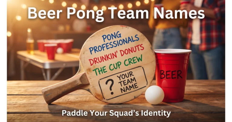 Wooden beer pong paddle with written team names: Pong Professionals, Drunkin' Donuts, The Cup Crew. Blank space "Your Team Name". Ping pong ball, red cup, party background. Hero image for beer pong team names.