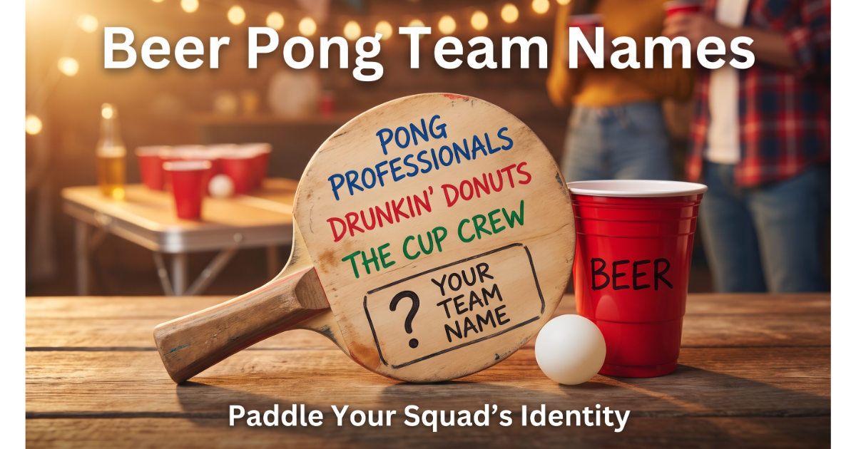 Wooden beer pong paddle with written team names: Pong Professionals, Drunkin' Donuts, The Cup Crew. Blank space "Your Team Name". Ping pong ball, red cup, party background. Hero image for beer pong team names.