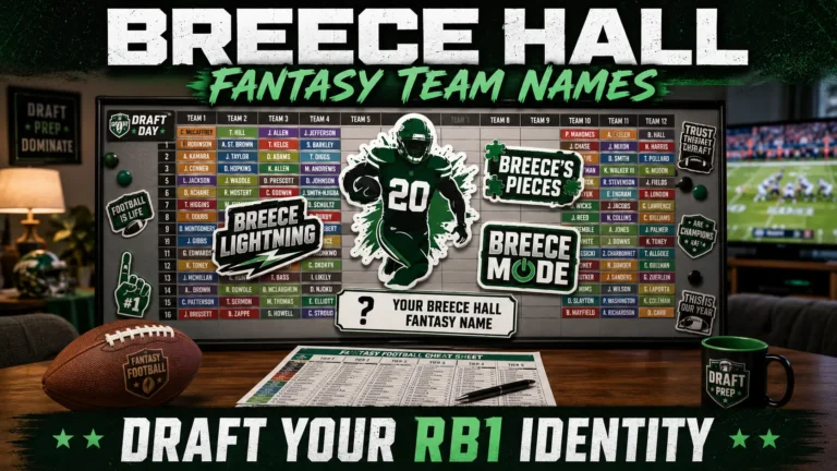 Fantasy draft board with Breece Hall fantasy team names: Breece Lightning, Breece's Pieces, Breece Mode. Blank sticker "Your Breece Hall Fantasy Name". Football, cheat sheet, TV background. Hero image for Breece Hall fantasy team names article.
