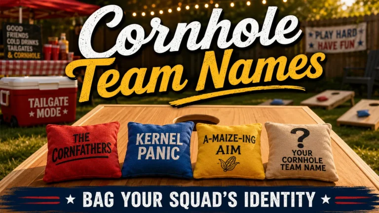 Cornhole bags with embroidered team names: The Cornfathers, Kernel Panic, A-Maize-ing Aim. Blank bag "Your Cornhole Team Name". Boards, cooler, tailgate background. Hero image for cornhole team names article.