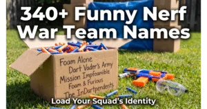 Open cardboard box filled with foam darts, side marked with funny Nerf team names: Foam Alone, Dart Vader's Army, Mission Impfoamible, Foam & Furious, The InDartpendents. Nerf blaster, goggles, backyard barrier background. Hero image for funny Nerf war team names.