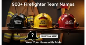 Three firefighter helmets (black, yellow, red) with names on shields: Inferno Squad, Hose Heroes, Blaze Brothers. Blank helmet silhouette with "Your Team Name". Firefighter coat and axe background.
