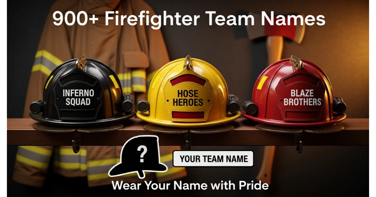 Three firefighter helmets (black, yellow, red) with names on shields: Inferno Squad, Hose Heroes, Blaze Brothers. Blank helmet silhouette with "Your Team Name". Firefighter coat and axe background.