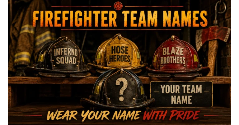 Three firefighter helmets (black, yellow, red) with names on shields: Inferno Squad, Hose Heroes, Blaze Brothers. Blank helmet silhouette with "Your Team Name". Firefighter coat and axe background. Hero image for firefighter team names article.