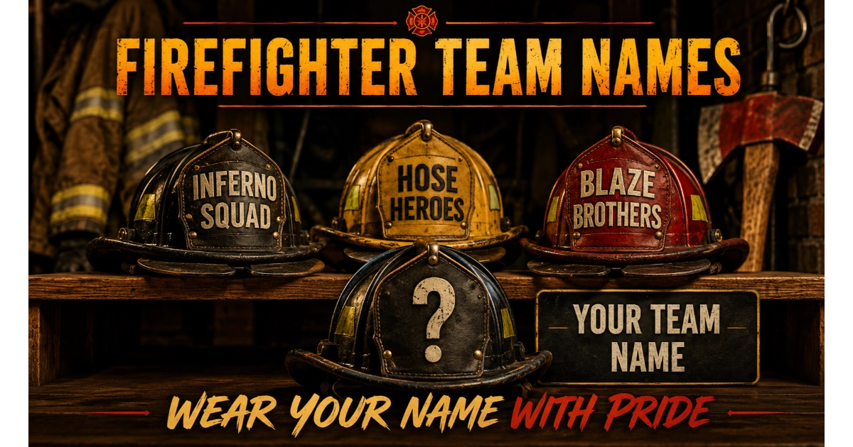 Three firefighter helmets (black, yellow, red) with names on shields: Inferno Squad, Hose Heroes, Blaze Brothers. Blank helmet silhouette with "Your Team Name". Firefighter coat and axe background. Hero image for firefighter team names article.