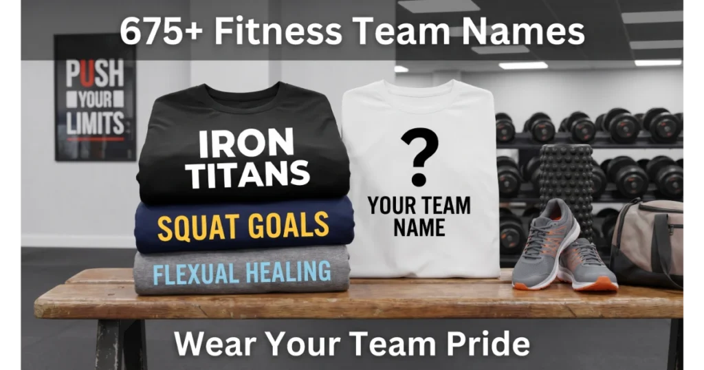 Stack of workout shirts with printed fitness team names: Iron Titans, Squat Goals, Flexual Healing. Blank shirt "Your Team Name". Running shoes, foam roller, gym bag, dumbbell rack background. Hero image for fitness team names.