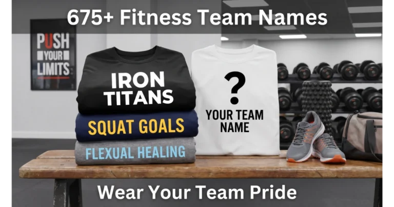 Stack of workout shirts with printed fitness team names: Iron Titans, Squat Goals, Flexual Healing. Blank shirt "Your Team Name". Running shoes, foam roller, gym bag, dumbbell rack background. Hero image for fitness team names.