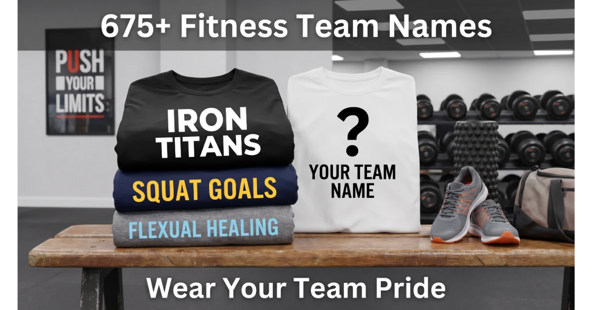 Stack of workout shirts with printed fitness team names: Iron Titans, Squat Goals, Flexual Healing. Blank shirt "Your Team Name". Running shoes, foam roller, gym bag, dumbbell rack background. Hero image for fitness team names.