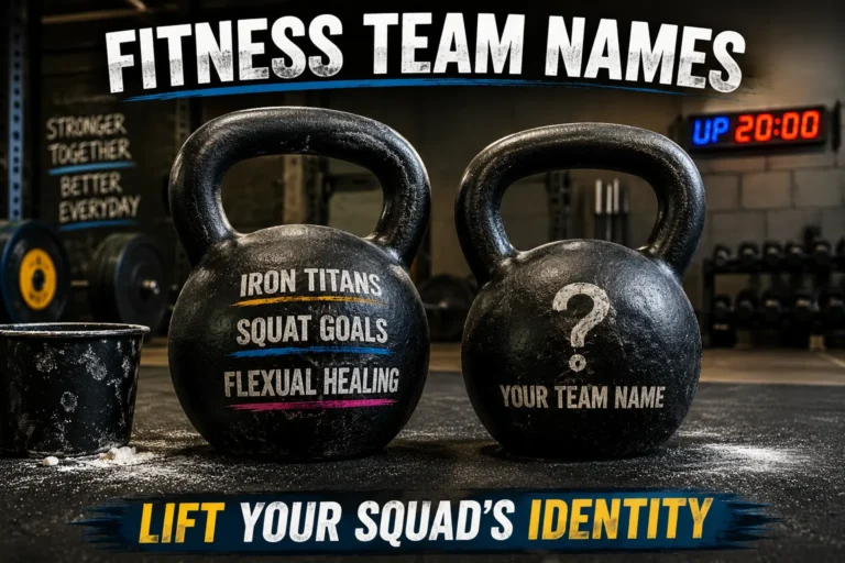Kettlebell with engraved fitness team names: Iron Titans, Squat Goals, Flexual Healing. Blank kettlebell "Your Team Name". Gym timer, barbells, chalk bucket background. Hero image for fitness team names article.