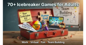Open toolbox containing labeled items representing icebreaker games for adults