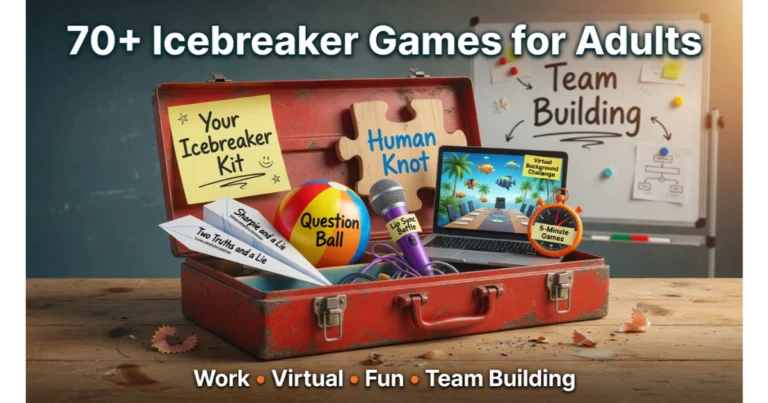 Open toolbox containing labeled items representing icebreaker games for adults