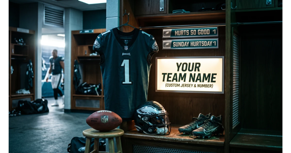 A professional locker room setup highlighting Jalen Hurts fantasy football team names on locker plates.