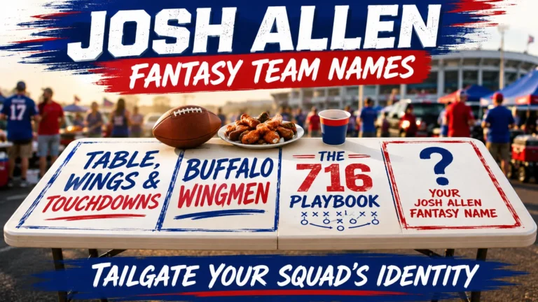 Folding table with Josh Allen fantasy team names: Table, Wings & Touchdowns, Buffalo Wingmen, The 716 Playbook. Blank space "Your Josh Allen Fantasy Name". Football, wings, cup, tailgate background. Hero image for Josh Allen fantasy team names article.