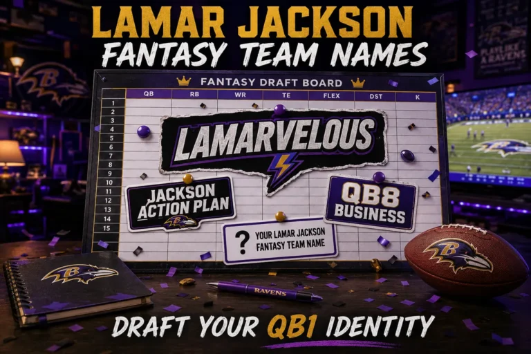 Fantasy draft board with Lamar Jackson fantasy team names: Lamarvelous, Jackson Action Plan, QB8 Business. Blank sticker "Your Lamar Jackson Fantasy Team Name". Ravens notebook, pen, football, draft room background. Hero image for Lamar Jackson fantasy team names article.