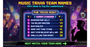 Glowing pub quiz leaderboard showing six music trivia team names with scores.