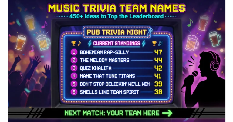 Glowing pub quiz leaderboard showing six music trivia team names with scores.