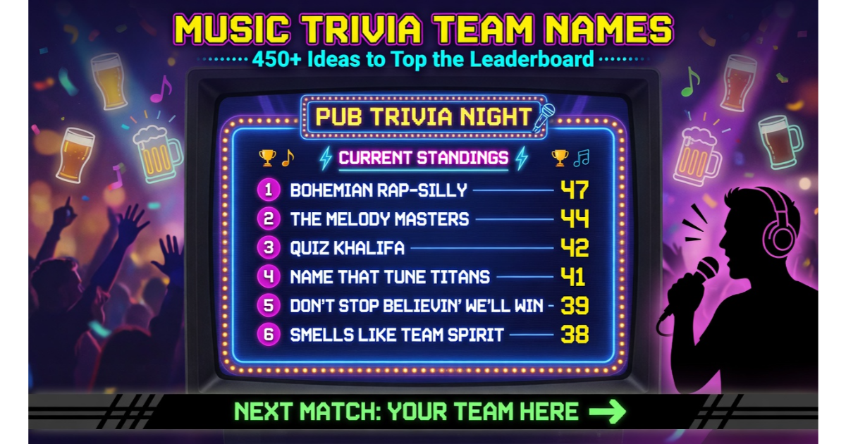 Glowing pub quiz leaderboard showing six music trivia team names with scores.