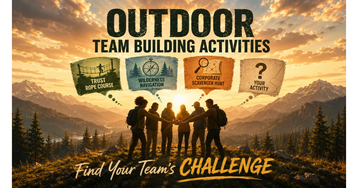 Group of silhouettes in a team huddle on a hilltop with floating activity names: Trust Rope Course, Wilderness Navigation, Corporate Scavenger Hunt. Blank banner "Your Activity". Forest and mountains background. Hero image for outdoor team building activities.