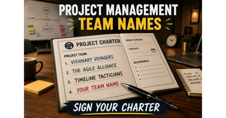 Project charter document with section "Project Team:" showing names: Visionary Voyagers, The Agile Alliance, Timeline Tacticians. Blank line "Your Team Name". Meeting room background. Hero image for project management team names.