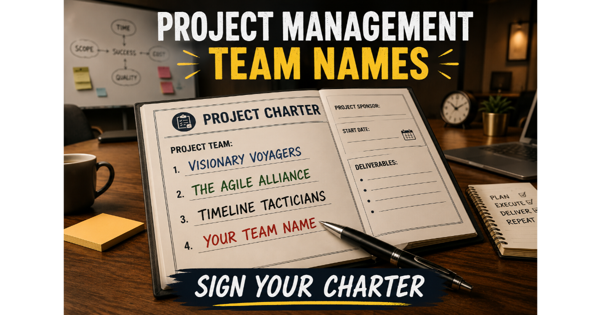 Project charter document with section "Project Team:" showing names: Visionary Voyagers, The Agile Alliance, Timeline Tacticians. Blank line "Your Team Name". Meeting room background. Hero image for project management team names.