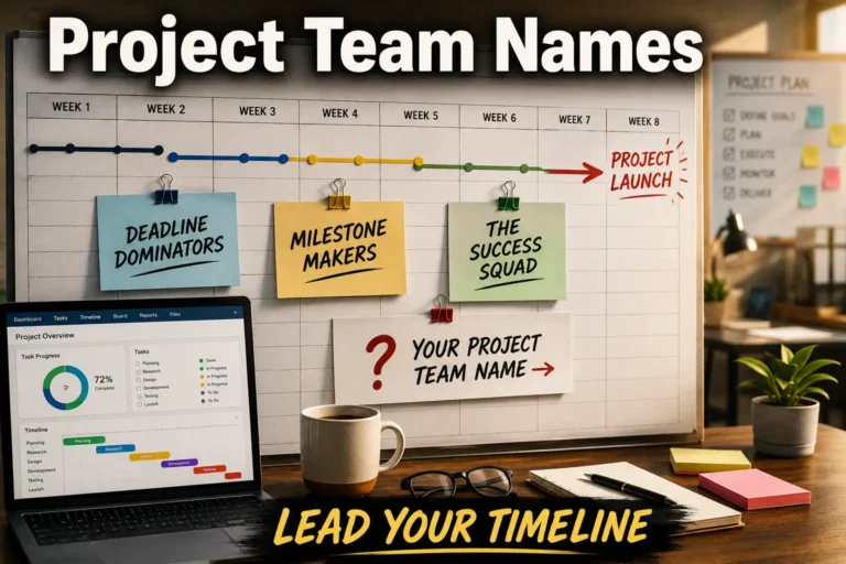 Project timeline board with project team names: Deadline Dominators, Milestone Makers, The Success Squad. Blank card "Your Project Team Name →". Laptop, coffee cup, office background. Hero image for project team names article.