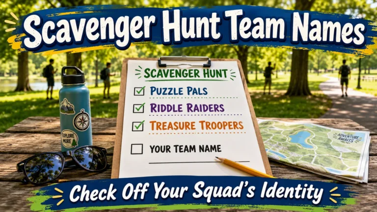 Clipboard with scavenger hunt checklist showing team names: Puzzle Pals, Riddle Raiders, Treasure Troopers. Blank line "Your Team Name". Sunglasses, water bottle, map, park background. Hero image for scavenger hunt team names article.