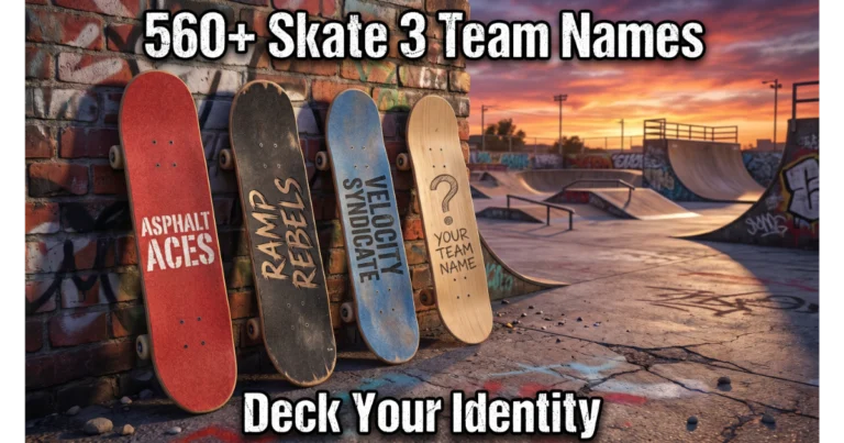 Three skateboard decks with team names: Asphalt Aces (red), Ramp Rebels (black), Velocity Syndicate (blue). Blank deck "Your Team Name". Skate park background with ramps and rails. Hero image for Skate 3 team names article.