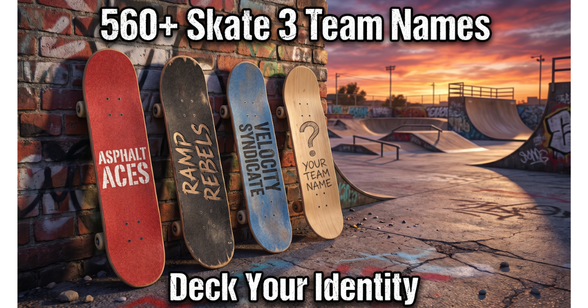 Three skateboard decks with team names: Asphalt Aces (red), Ramp Rebels (black), Velocity Syndicate (blue). Blank deck "Your Team Name". Skate park background with ramps and rails. Hero image for Skate 3 team names article.