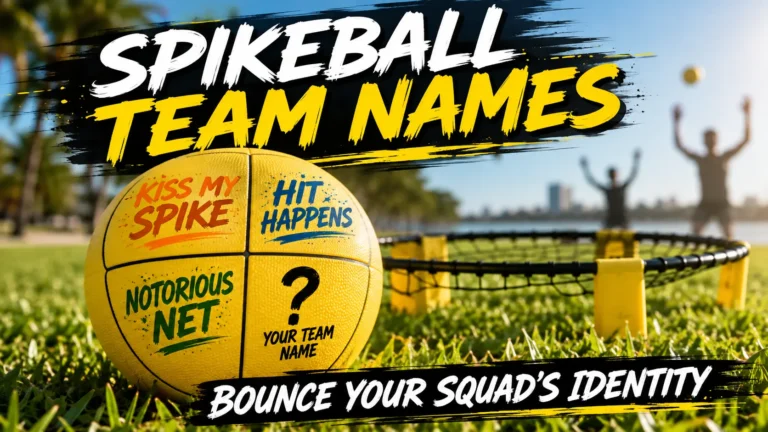Spikeball ball with engraved team names Kiss My Spike, Hit Happens, Notorious Net. Blank area Your Team Name. Net, hands silhouettes, beachgrass background. Hero image for spikeball team names article.