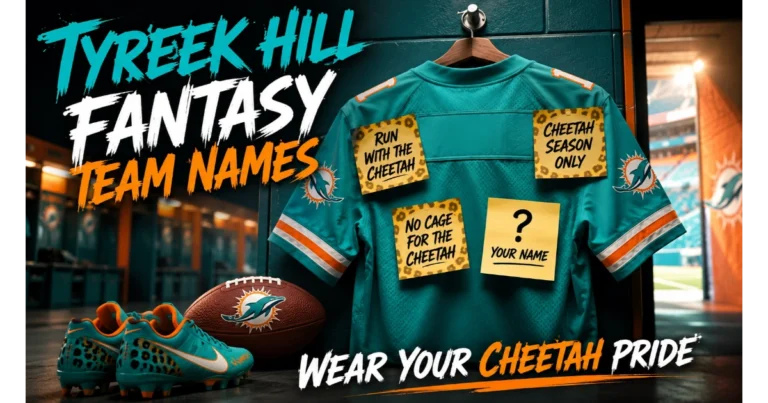 Football jersey with sticky notes showing Tyreek Hill fantasy team names: Run with the Cheetah, Cheetah Season Only, No Cage for the Cheetah. Blank note "Your Name". Cleats, football, locker room background. Hero image for Tyreek Hill fantasy team names.