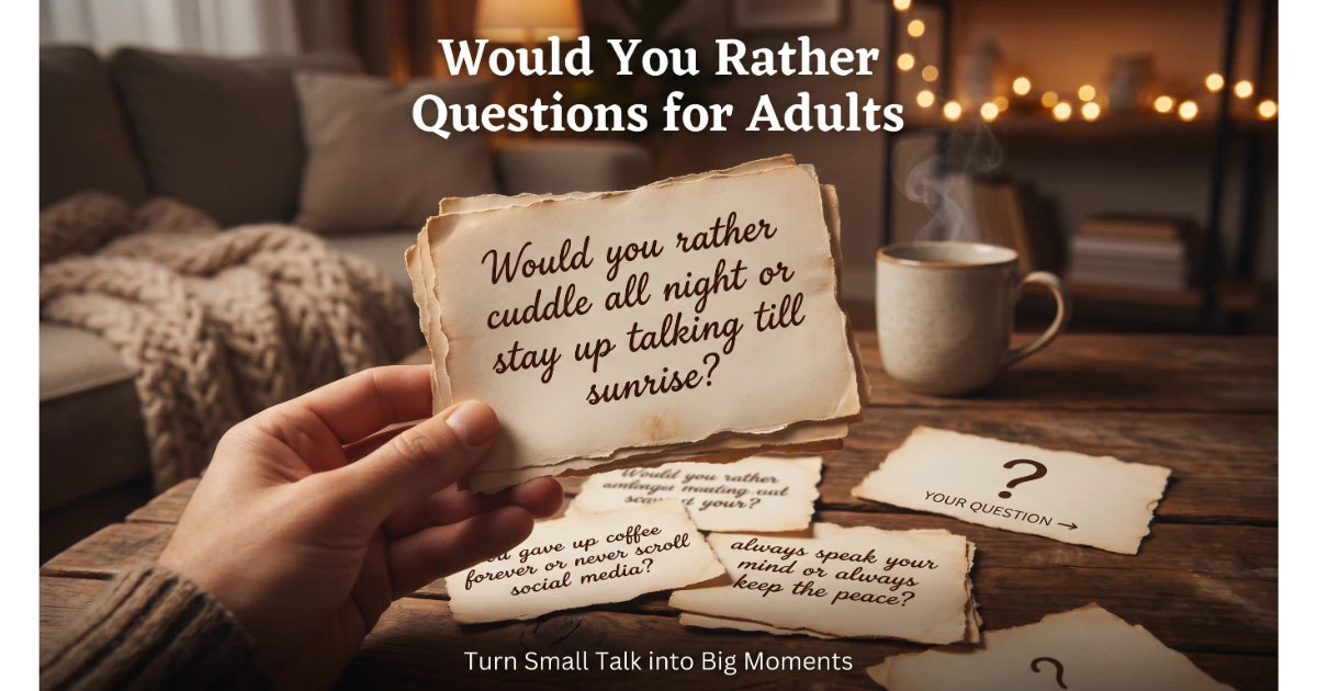 Stack of handwritten question cards featuring Would You Rather questions for adults: cuddle or stay up talking, coffee or social media, speak mind or keep peace. Blank card "Your Question". Cozy living room background with fairy lights and mug.