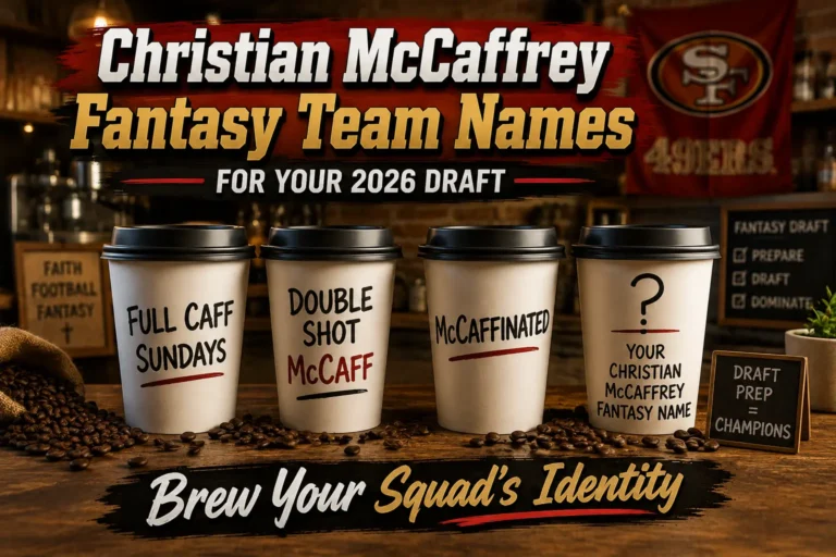 Coffee cups with Christian McCaffrey fantasy team names: Full Caff Sundays, Double Shot McCaff, McCaffinated. Blank cup "Your Christian McCaffrey Fantasy Name". Coffee beans, 49ers flag background. Hero image for Christian McCaffrey fantasy team names article.