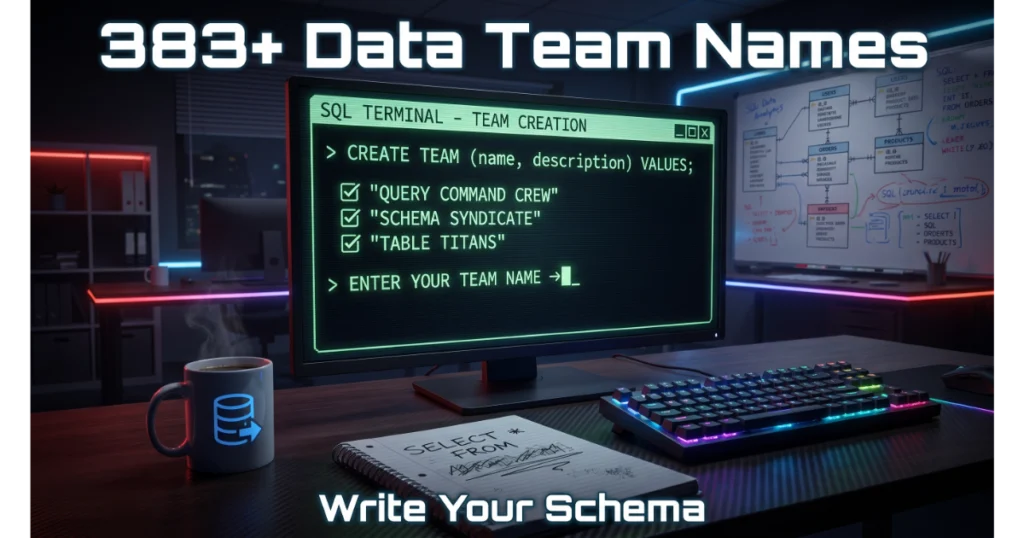 SQL terminal on laptop showing CREATE TEAM command with example data team names: Query Command Crew, Schema Syndicate, Table Titans. Blank input line "Enter Your Team Name →". Coffee mug, keyboard, notebook background. Hero image for data team names article.
