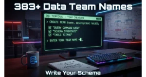 SQL terminal on laptop showing CREATE TEAM command with example data team names: Query Command Crew, Schema Syndicate, Table Titans. Blank input line "Enter Your Team Name →". Coffee mug, keyboard, notebook background. Hero image for data team names article.
