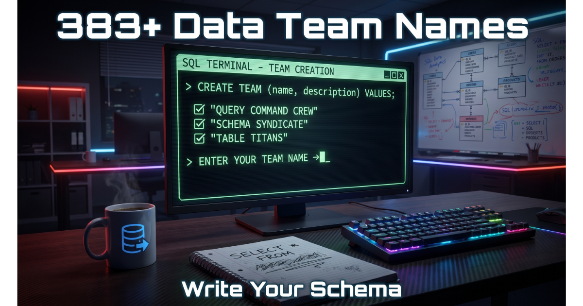 SQL terminal on laptop showing CREATE TEAM command with example data team names: Query Command Crew, Schema Syndicate, Table Titans. Blank input line "Enter Your Team Name →". Coffee mug, keyboard, notebook background. Hero image for data team names article.
