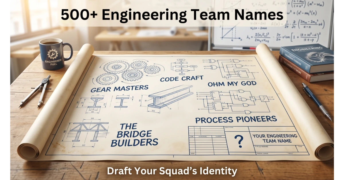 Unrolled engineering blueprint with handwritten team names: Gear Masters, The Bridge Builders, Code Craft, Ohm My God, Process Pioneers. Blank title block "Your Engineering Team Name". Compass, pencil, coffee mug. Hero image for engineering team names article.