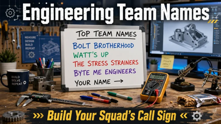 Engineering workbench with whiteboard showing engineering team names: Bolt Brotherhood, Watt's Up, The Stress Strainers, Byte Me Engineers. Blank line "Your Name →". Calipers, multimeter, gear, soldering iron, CAD background. Hero image for engineering team names article.