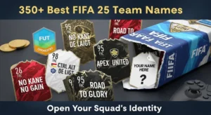 FIFA Ultimate Team pack spilling out team name cards: No Kane No Gain, Ctrl Alt De Ligt, Apex United, FUT Elite XI, Road to Glory. One flipped card: "Your Name Here". FUT coins, chemistry badge, controller background.