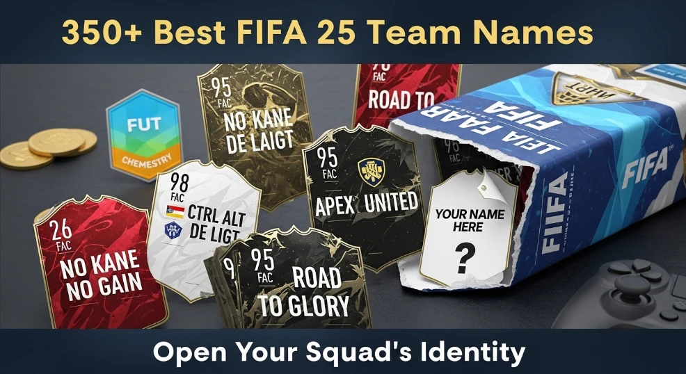 FIFA Ultimate Team pack spilling out team name cards: No Kane No Gain, Ctrl Alt De Ligt, Apex United, FUT Elite XI, Road to Glory. One flipped card: "Your Name Here". FUT coins, chemistry badge, controller background.