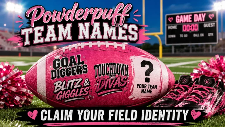 Pink football with powderpuff team names Goal Diggers, Blitz & Giggles, Touchdown Divas. Blank area Your Team Name. Pom-poms, cleats, field background. Hero image for powderpuff team names article.